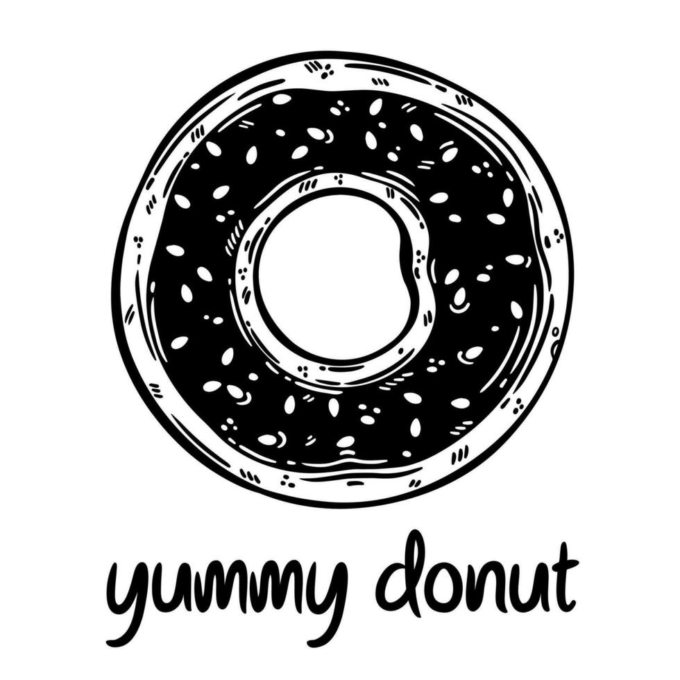 Donut vector icon. Fresh glazed doughnut with sweet sprinkle, chocolate. Illustration isolated on white. Yummy fried dessert for breakfast. Simple silhouette, food sketch. Clipart for logo, web, apps