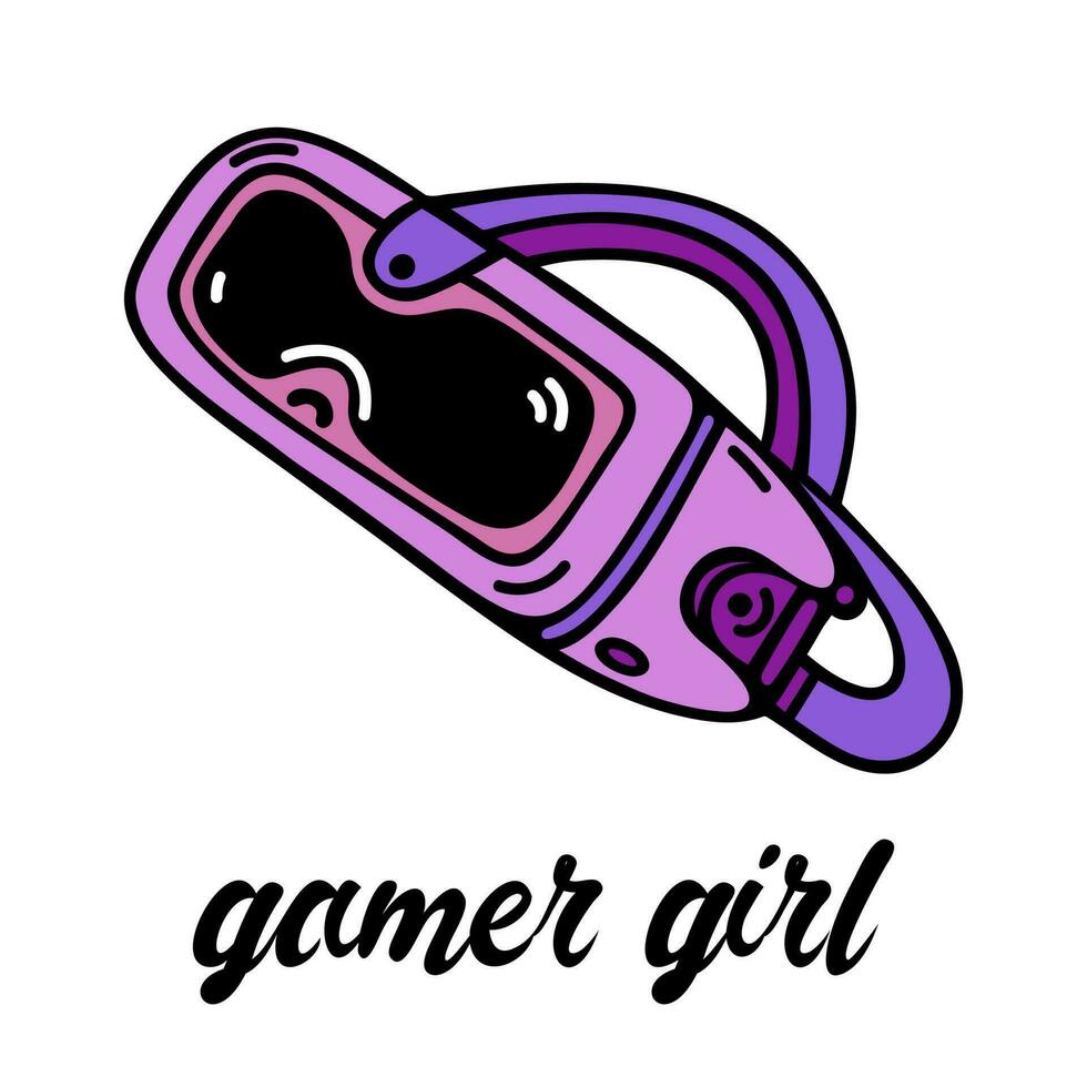 Headset, virtual reality glasses. Bright pink VR or AR gadget for video games, 3D. Vector icon isolated on white. Modern tech. Flat cartoon doodle, gamer girl. Clipart for posters, print, logo, web