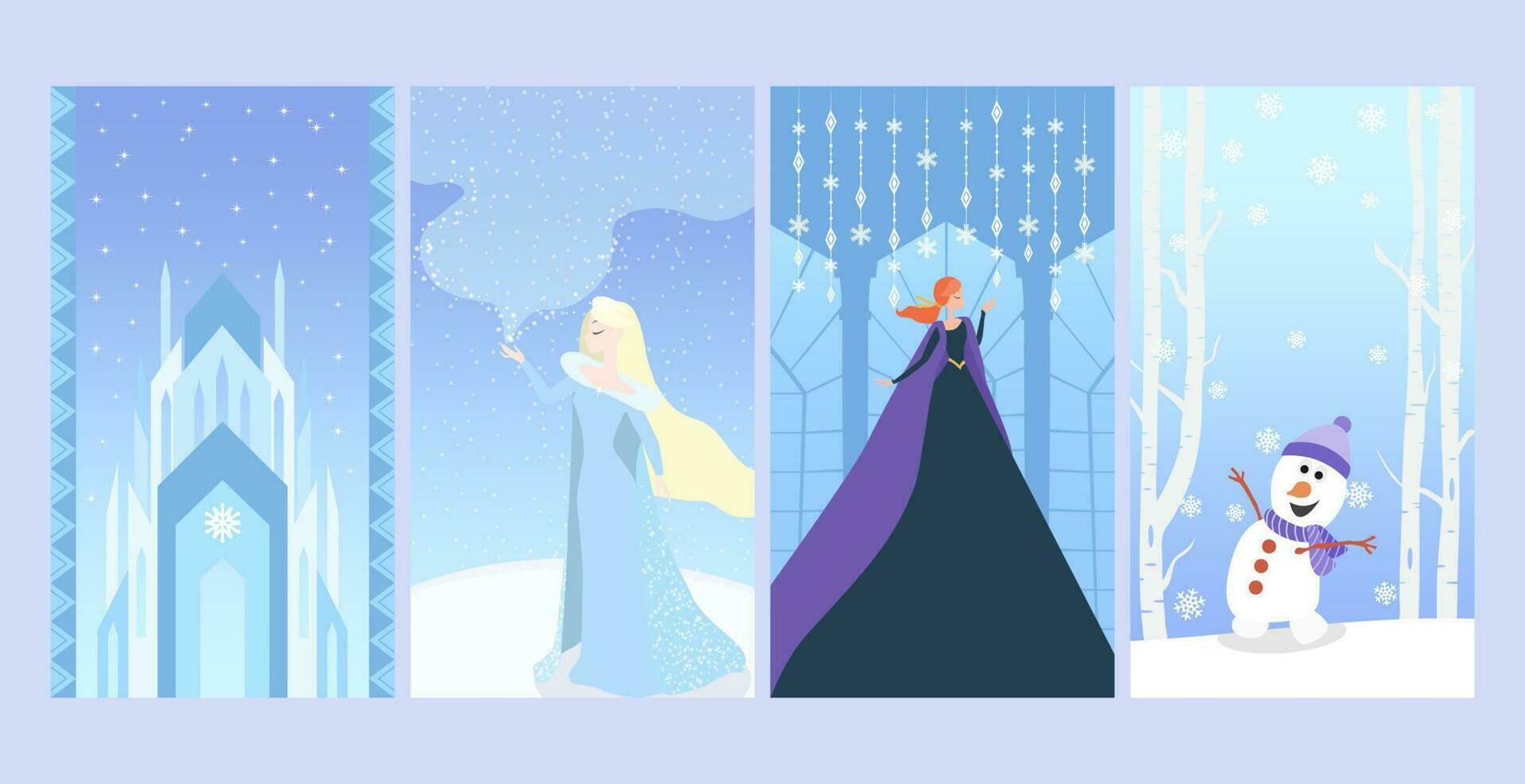 Twin Princess Sisters and A Snowman in Ice Kingdom Social Media Template vector