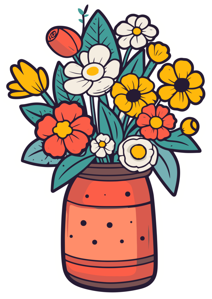 flowers and leaves in pot, retro botanical floral art. For sticker, shirt printing png