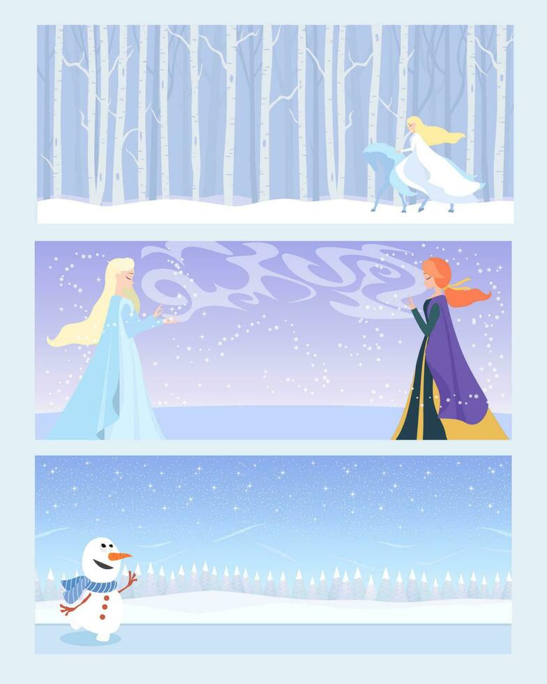 gemelo princesa hermanas y un monigote de nieve en invierno Reino bandera modelo vector