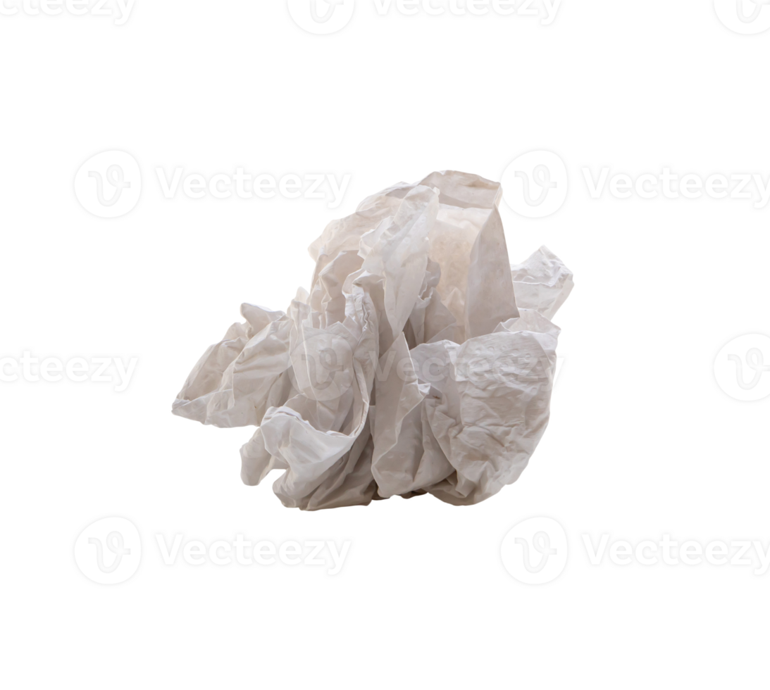Single screwed or crumpled tissue paper or napkin in strange shape after use in toilet or restroom isolated with clipping path in png file format