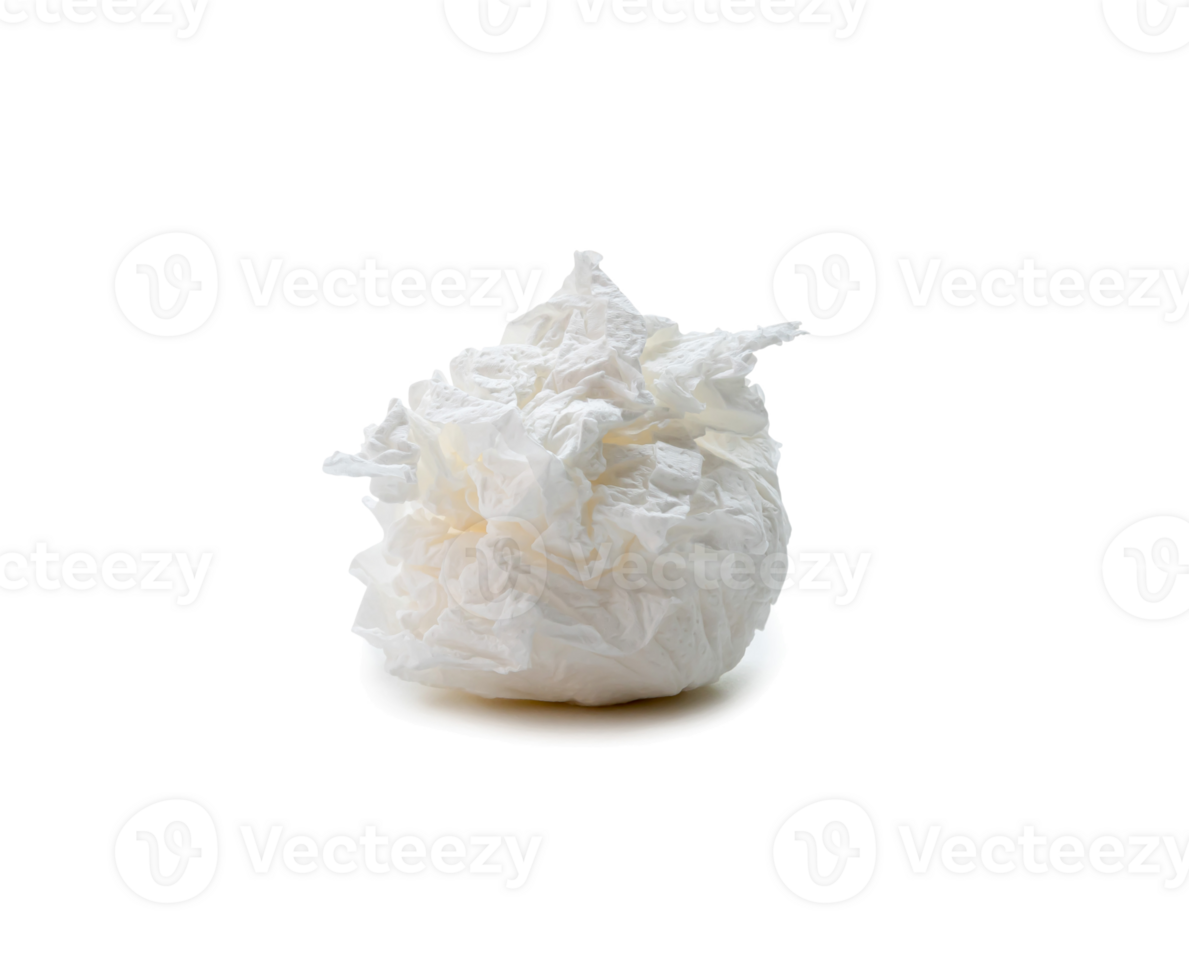 Single screwed or crumpled tissue paper ball or napkin in strange shape after use in toilet or restroom isolated with clipping path and shadow in png file format