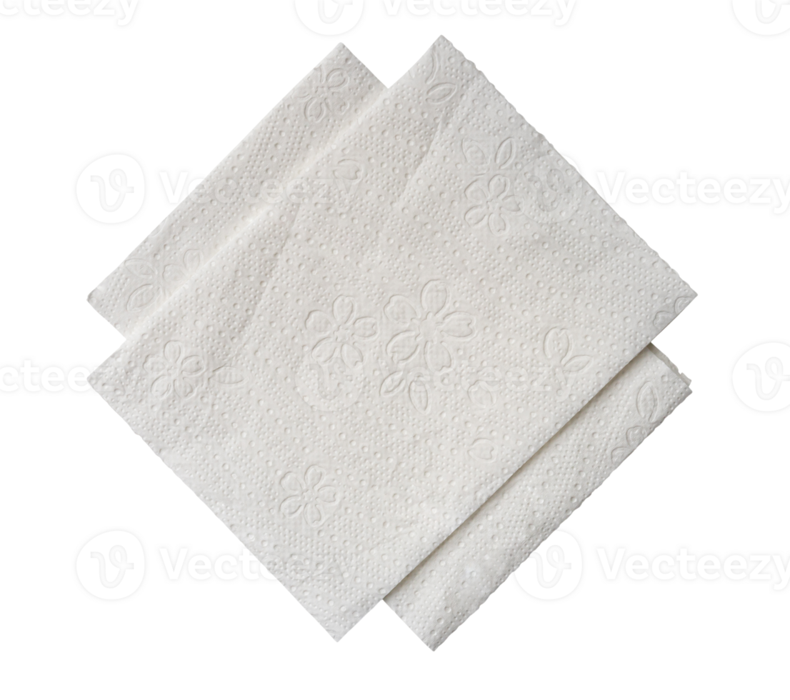 Top view of two folded pieces of white tissue paper or napkin in stack isolated with clipping path in png file format