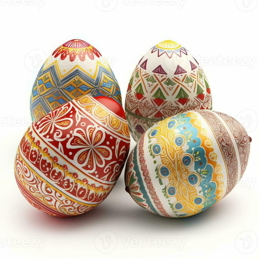 4 colorful painted decorated Easter eggs, white background photo