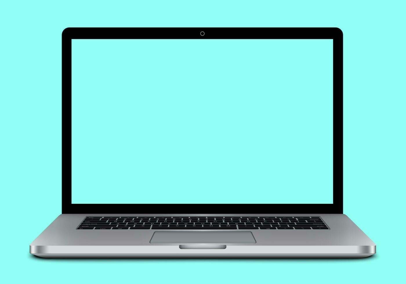 Top view of realistic perspective laptop with keyboard isolated on turquoise background open incline 90 degree. Computer notebook with screen template. mobile computer with keypad. illustration photo