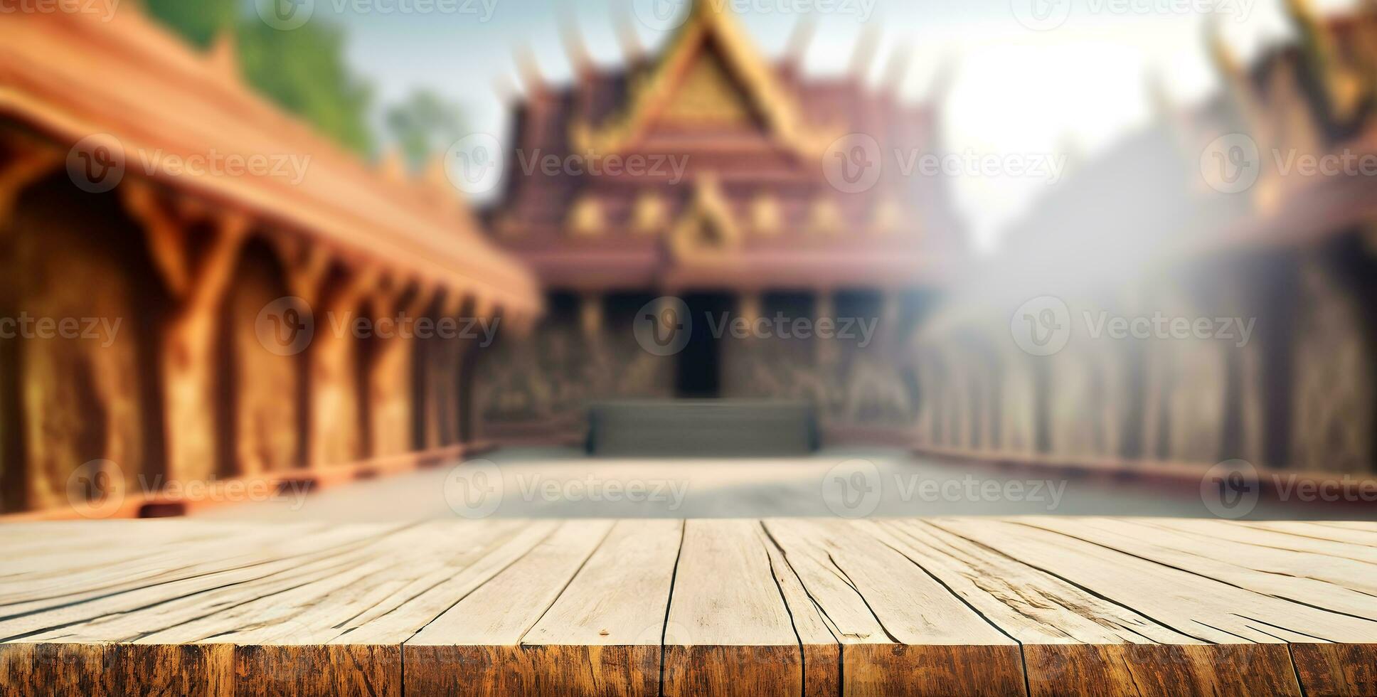 Empty wood table top and Temple background. photo