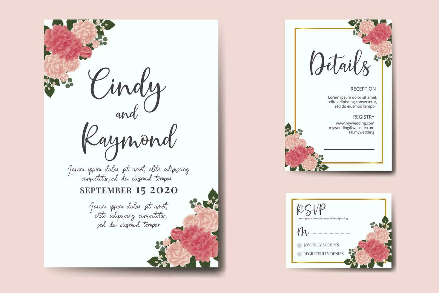 Wedding invitation frame set, floral watercolor Digital hand drawn Dahlia Flower design Invitation Card Template vector