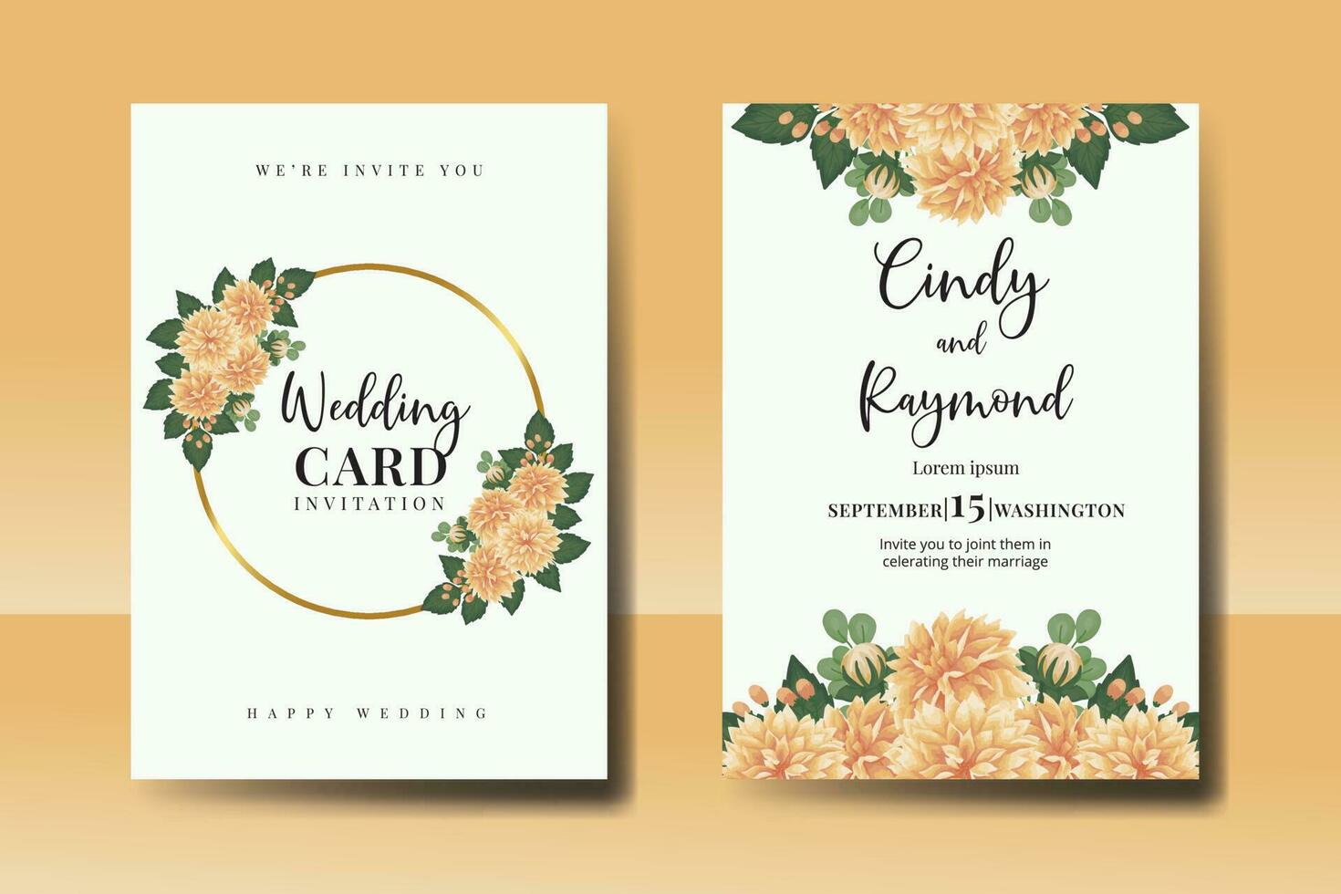 Wedding invitation frame set, floral watercolor Digital hand drawn Orange Dahlia Flower design Invitation Card Template vector