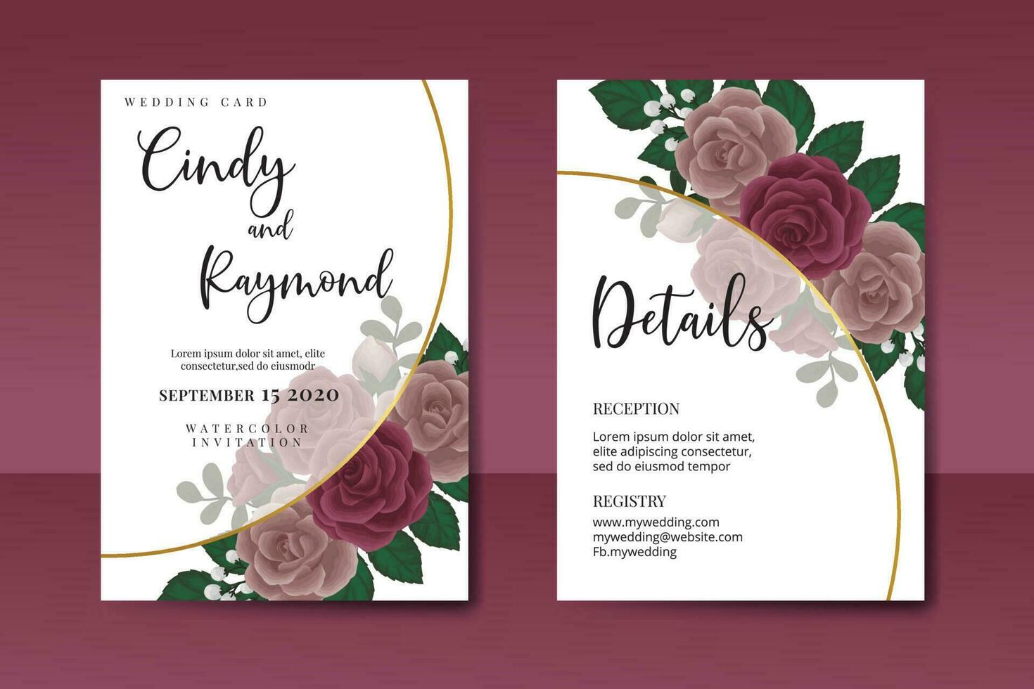 Wedding invitation frame set, floral watercolor Digital hand drawn Maroon Rose Flower design Invitation Card Template vector