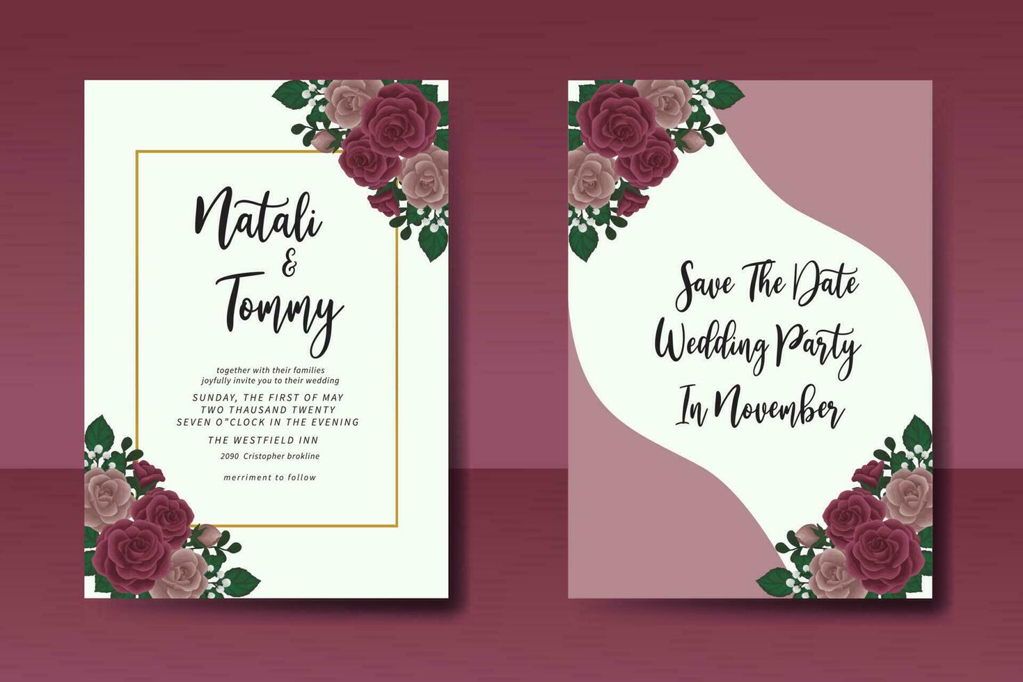 Boda invitación marco colocar, floral acuarela digital mano dibujado granate Rosa flor diseño invitación tarjeta modelo vector