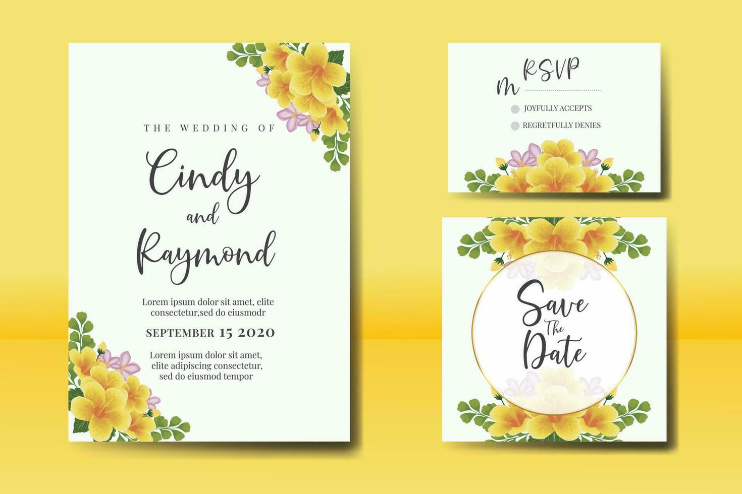 Wedding invitation frame set, floral watercolor Digital hand drawn Yellow Hibiscus Flower design Invitation Card Template vector