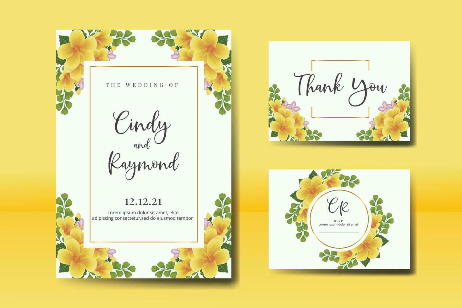 Wedding invitation frame set, floral watercolor Digital hand drawn Yellow Hibiscus Flower design Invitation Card Template vector