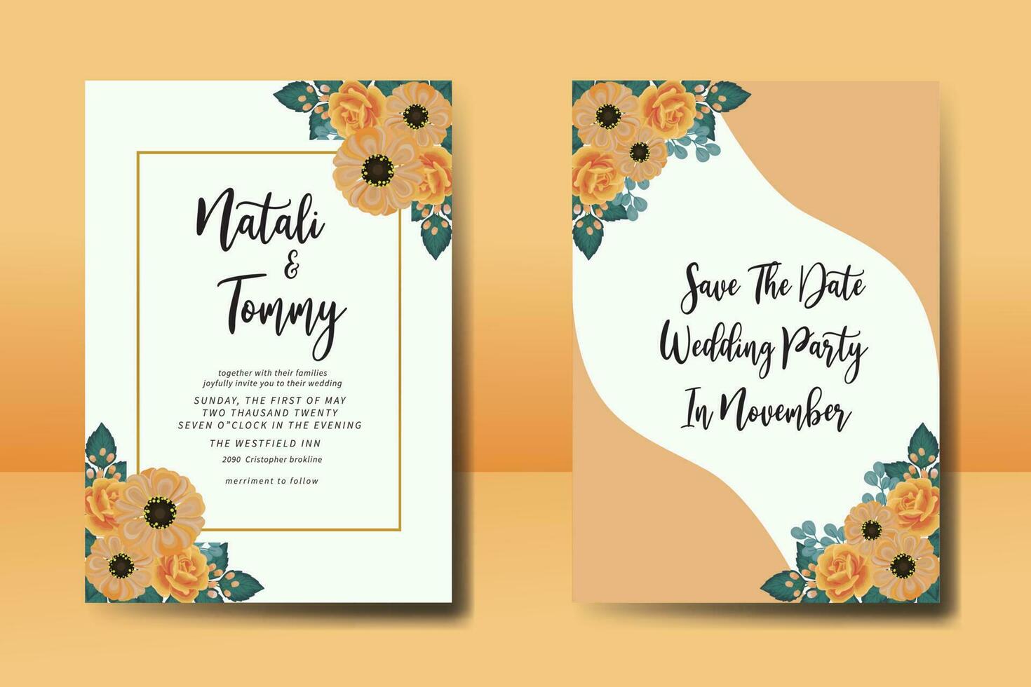 Wedding invitation frame set, floral watercolor Digital hand drawn Orange Rose and Anemone Flower design Invitation Card Template vector