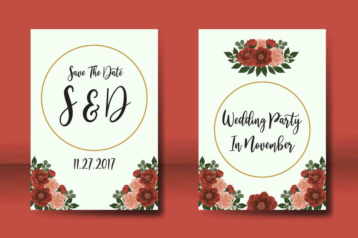 Wedding invitation frame set, floral watercolor Digital hand drawn red camellia Flower design Invitation Card Template vector