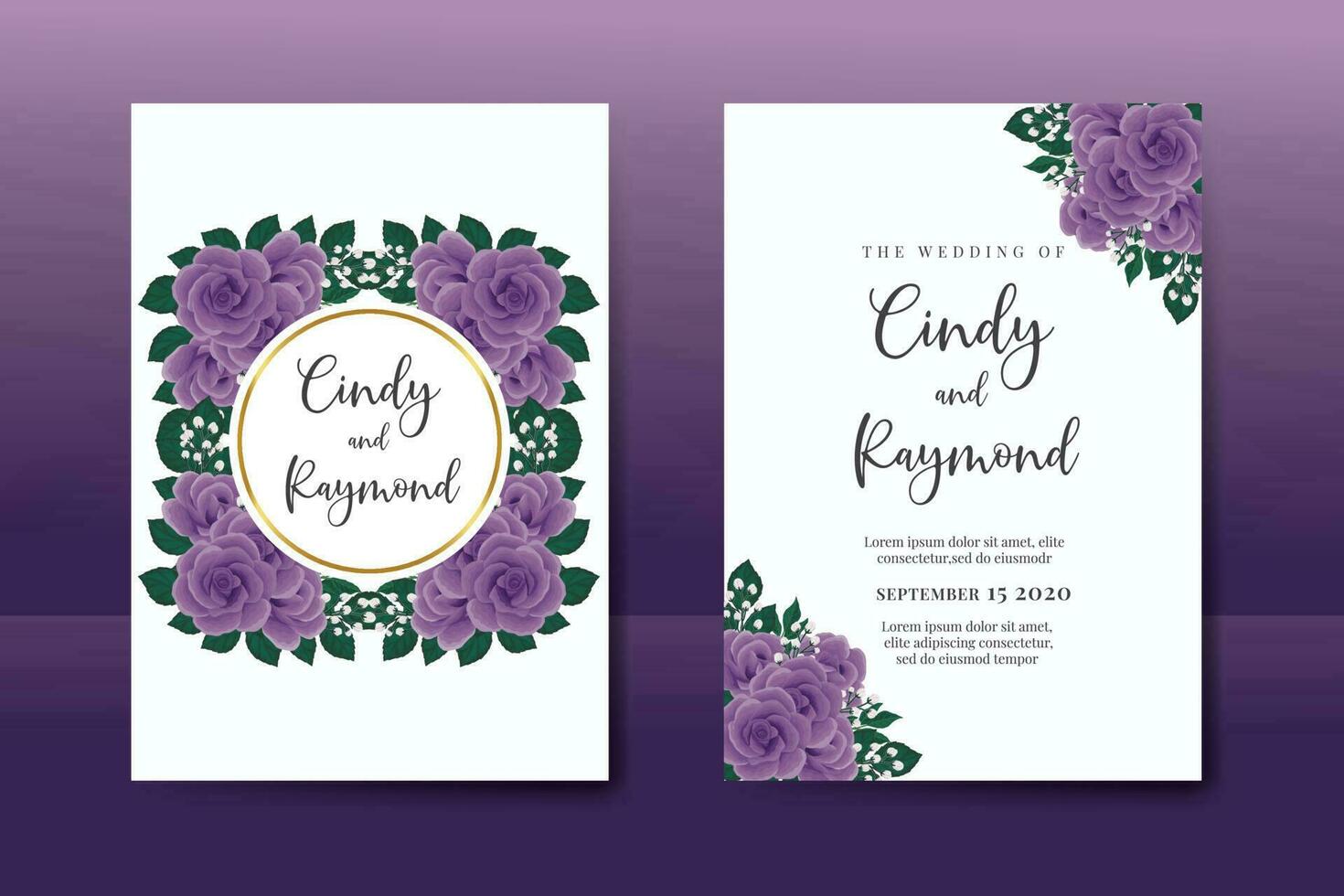 Wedding invitation frame set, floral watercolor Digital hand drawn Purple Rose Flower design Invitation Card Template vector