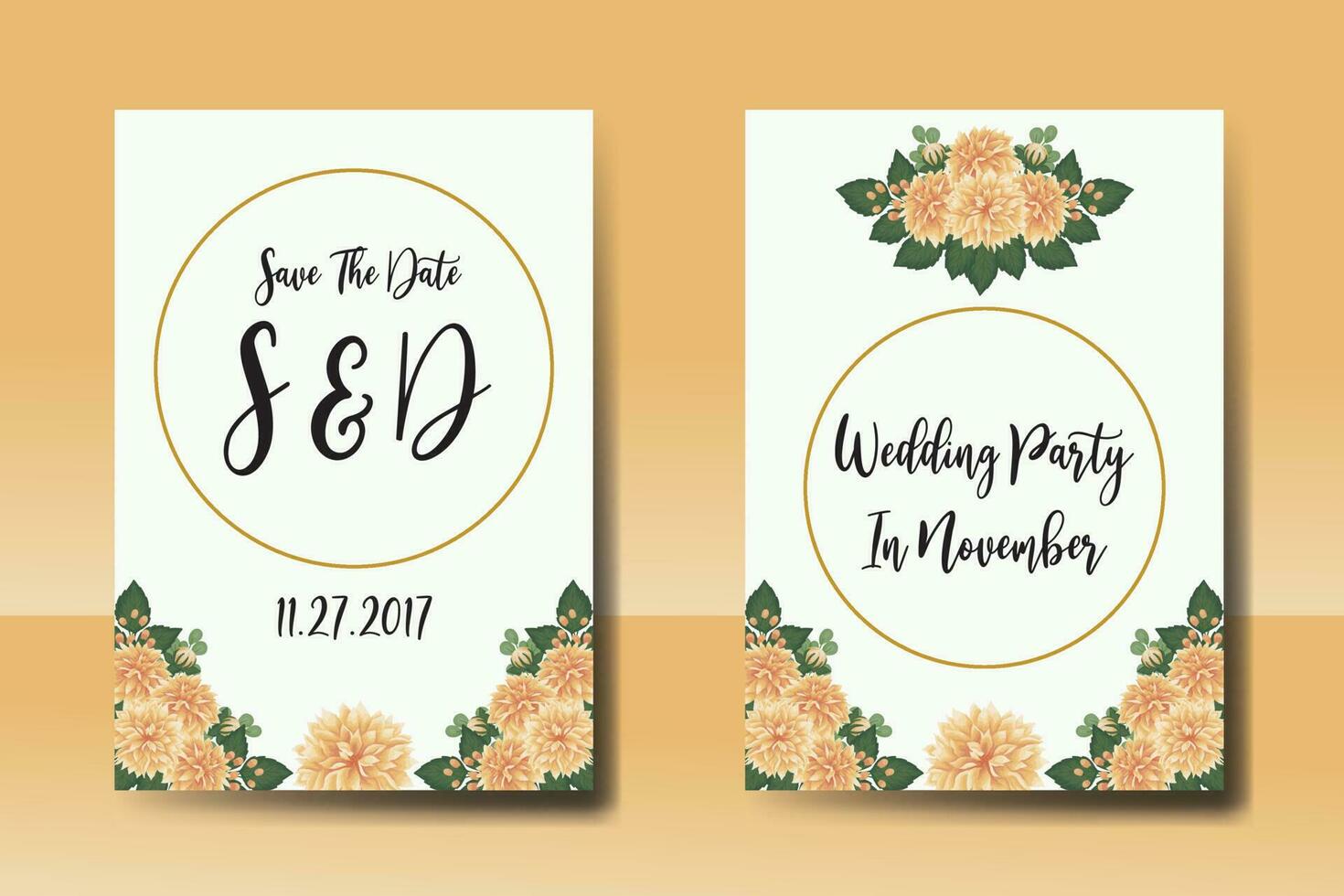 Wedding invitation frame set, floral watercolor Digital hand drawn Orange Dahlia Flower design Invitation Card Template vector