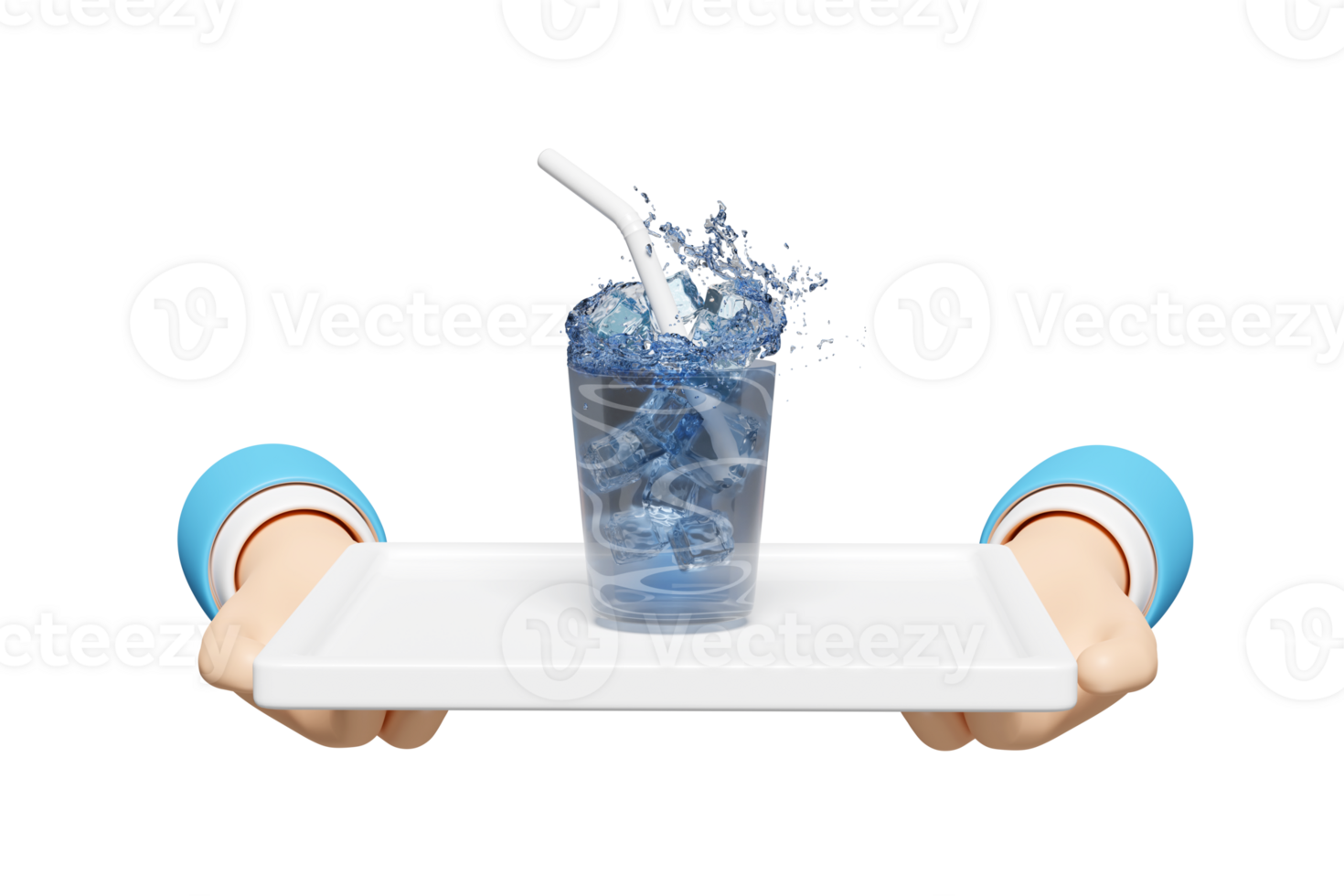 two hands holding white tray with glass, ice cubes, water splash, drinking straws, clear blue water scattered around isolated. Serve water concept, 3d render illustration png