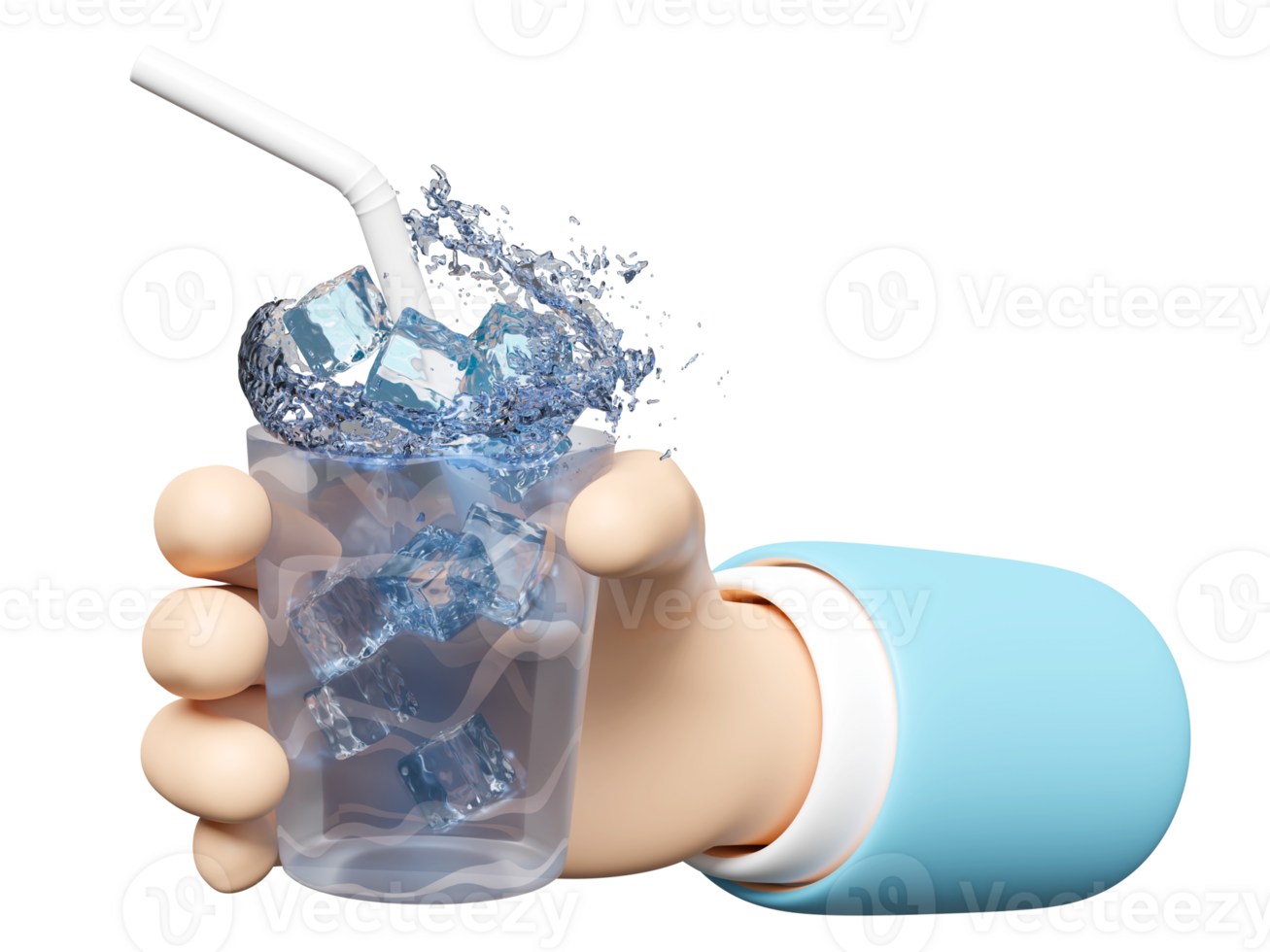 3d businessman hands holding glass with ice cubes, water splash, drinking straws, clear blue water scattered around isolated. 3d render illustration png