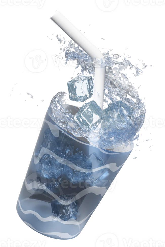3d glass with ice cubes, water splash, drinking straws, clear blue water scattered around isolated. 3d render illustration png