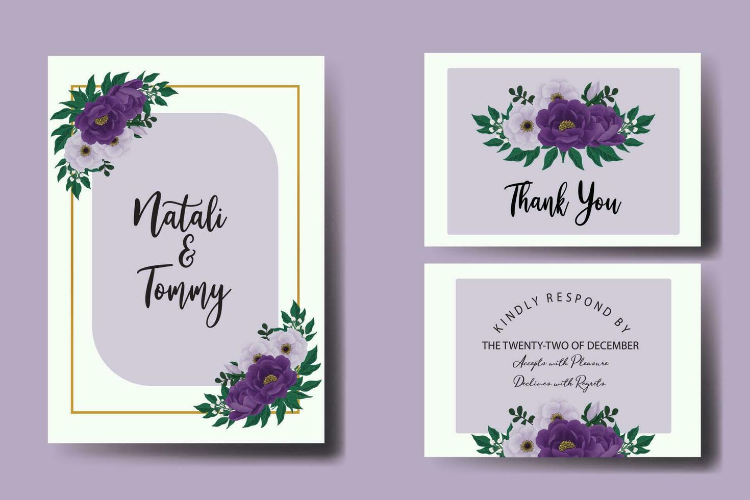 Conjunto de marco de invitación de boda, plantilla de tarjeta de invitación de diseño de flor de peonía púrpura dibujado a mano digital acuarela floral vector