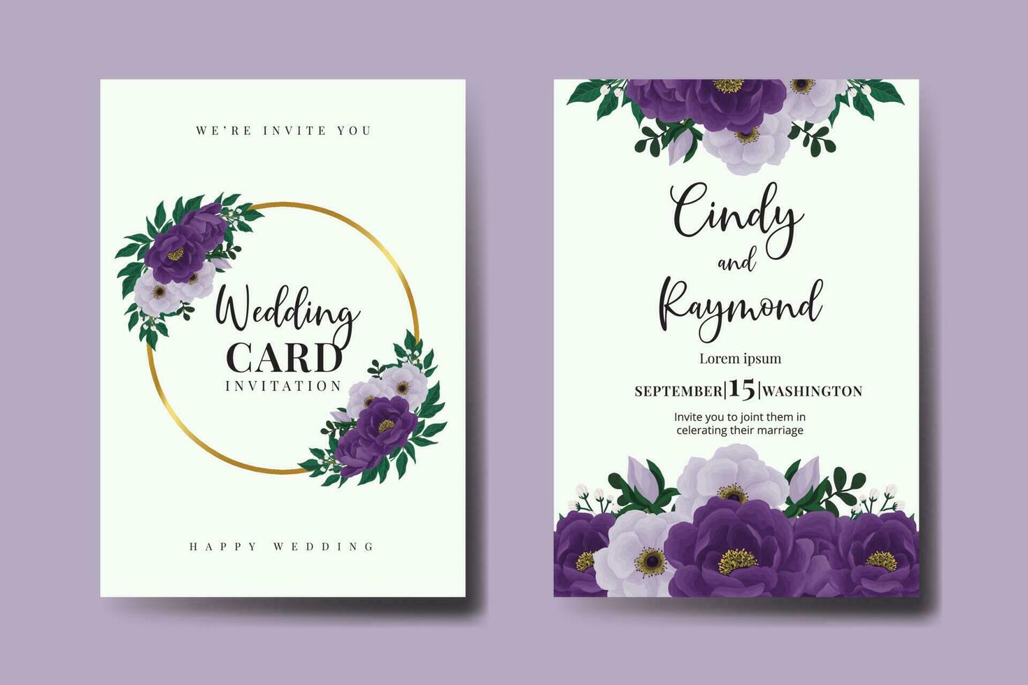 Conjunto de marco de invitación de boda, plantilla de tarjeta de invitación de diseño de flor de peonía púrpura dibujado a mano digital acuarela floral vector