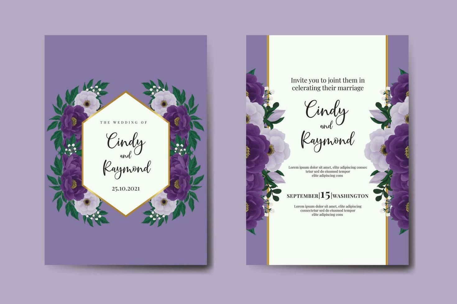 Wedding invitation frame set, floral watercolor Digital hand drawn Purple Peony Flower design Invitation Card Template vector