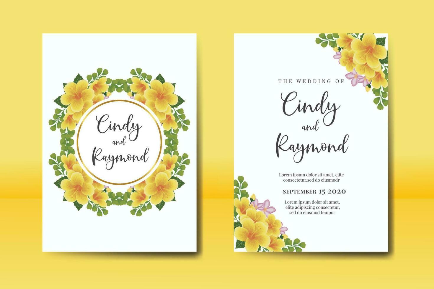 Wedding invitation frame set, floral watercolor Digital hand drawn Yellow Hibiscus Flower design Invitation Card Template vector