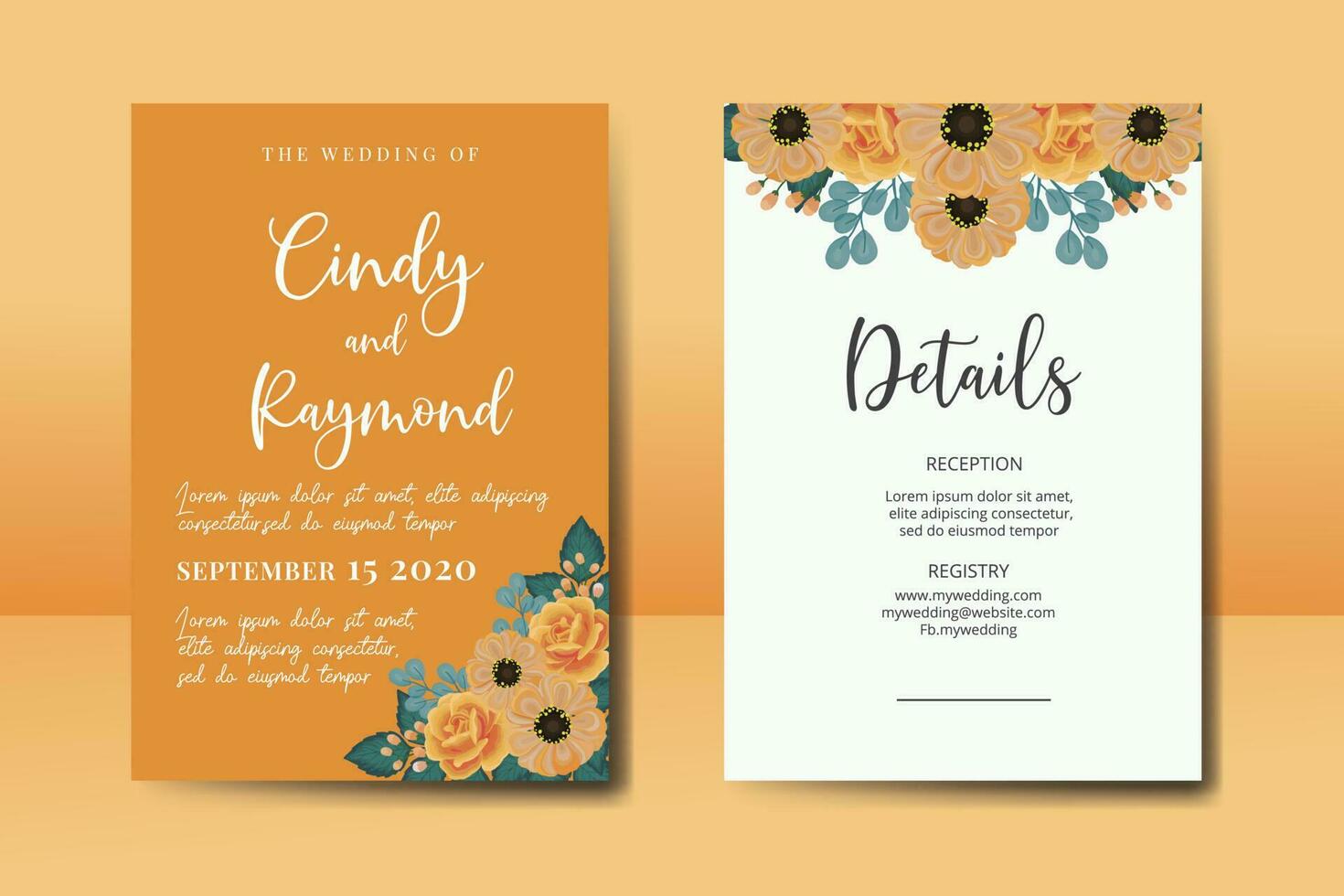 Wedding invitation frame set, floral watercolor Digital hand drawn Orange Rose and Anemone Flower design Invitation Card Template vector