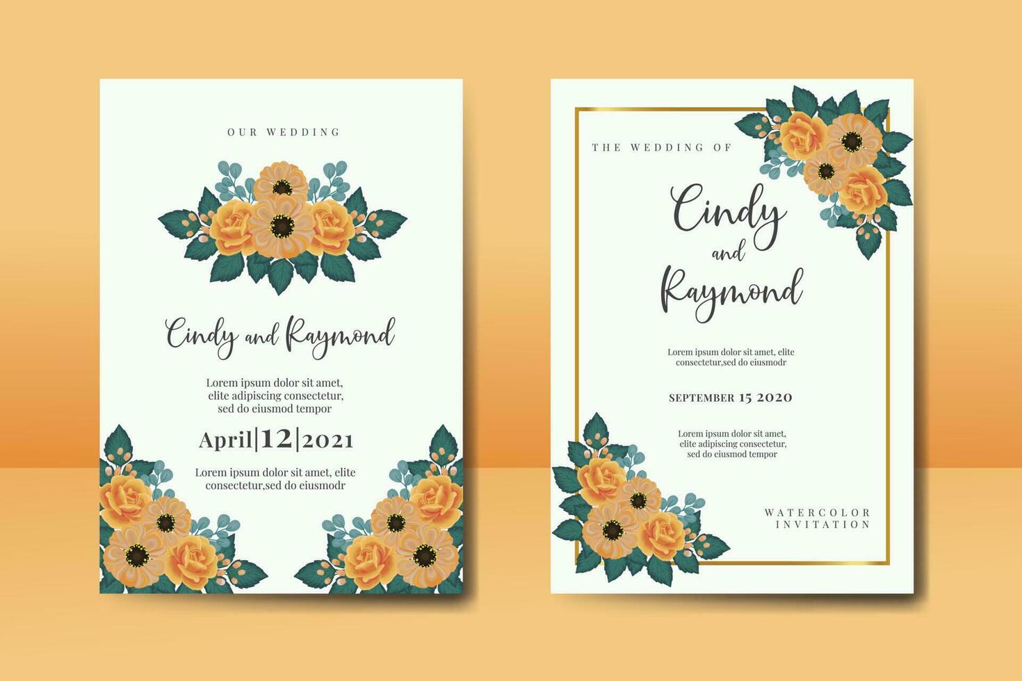 Wedding invitation frame set, floral watercolor Digital hand drawn Orange Rose and Anemone Flower design Invitation Card Template vector