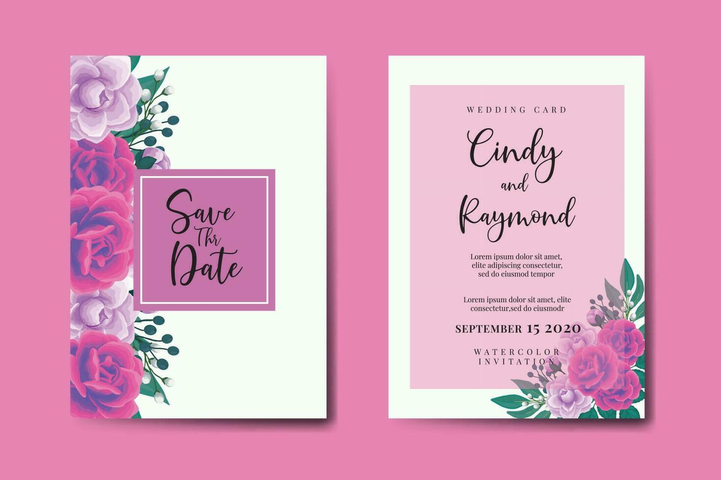 Boda invitación marco colocar, floral acuarela digital mano dibujado púrpura anémona flor diseño invitación tarjeta modelo vector