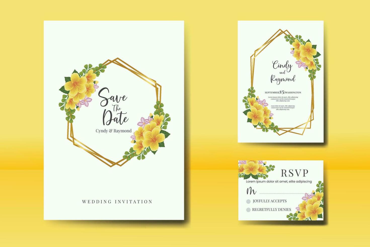 Boda invitación marco colocar, floral acuarela digital mano dibujado amarillo hibisco flor diseño invitación tarjeta modelo vector