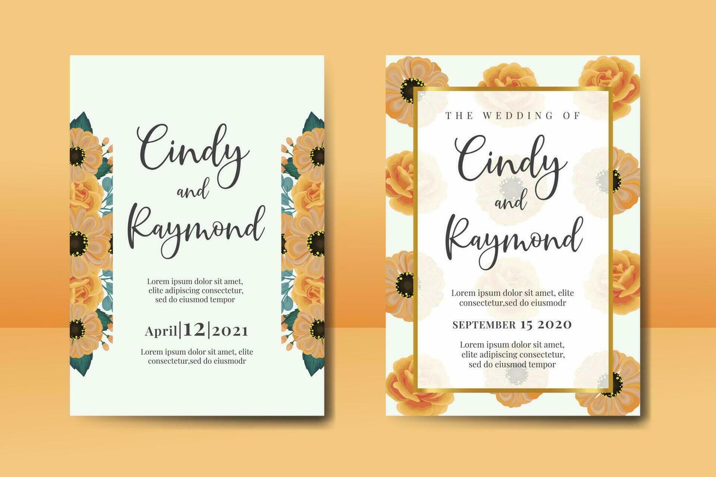 Wedding invitation frame set, floral watercolor Digital hand drawn Orange Rose and Anemone Flower design Invitation Card Template vector