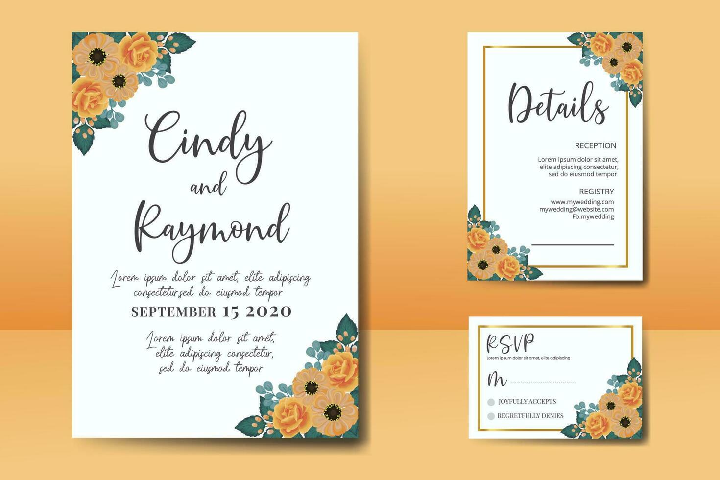 Wedding invitation frame set, floral watercolor Digital hand drawn Orange Rose and Anemone Flower design Invitation Card Template vector