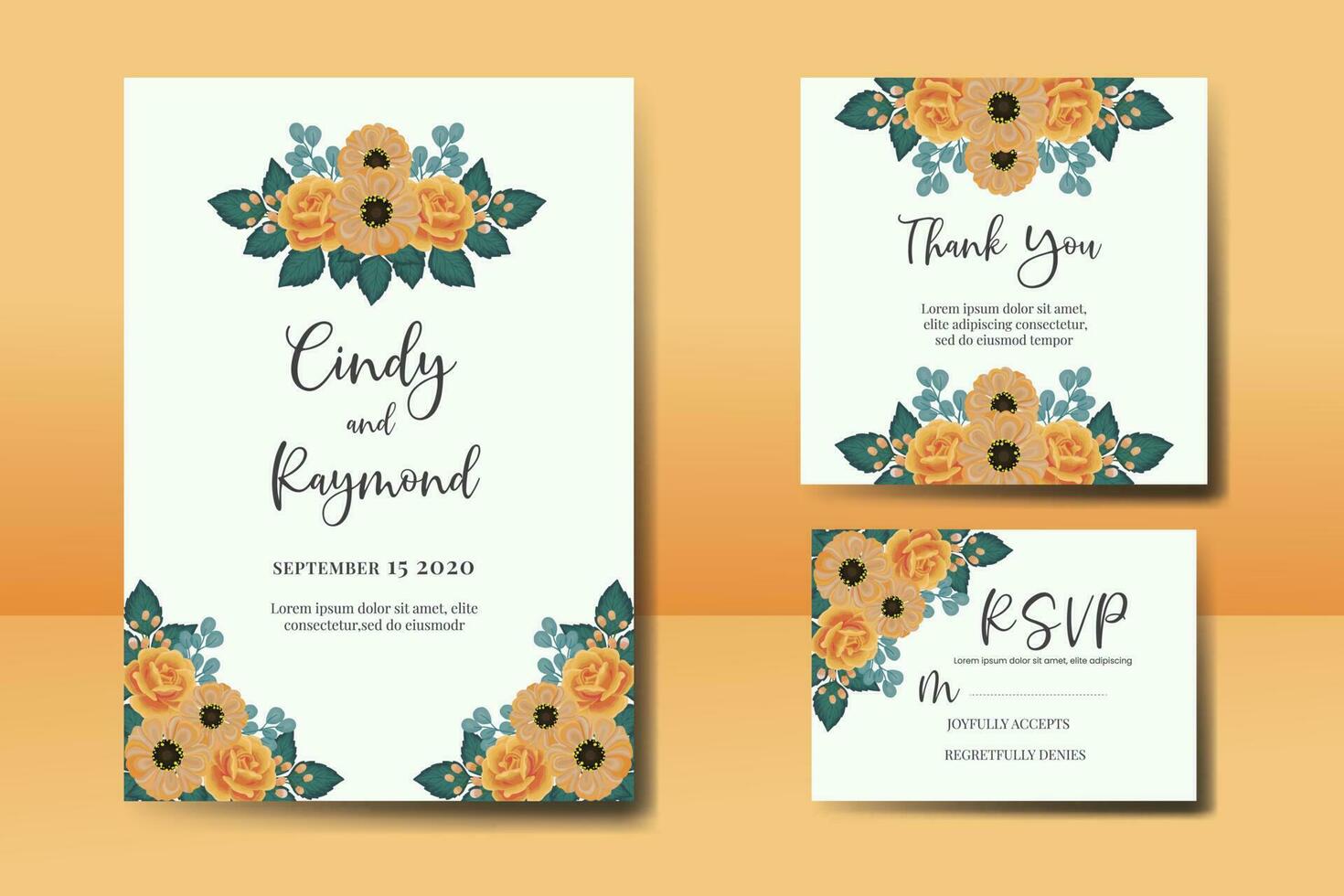 Wedding invitation frame set, floral watercolor Digital hand drawn Orange Rose and Anemone Flower design Invitation Card Template vector