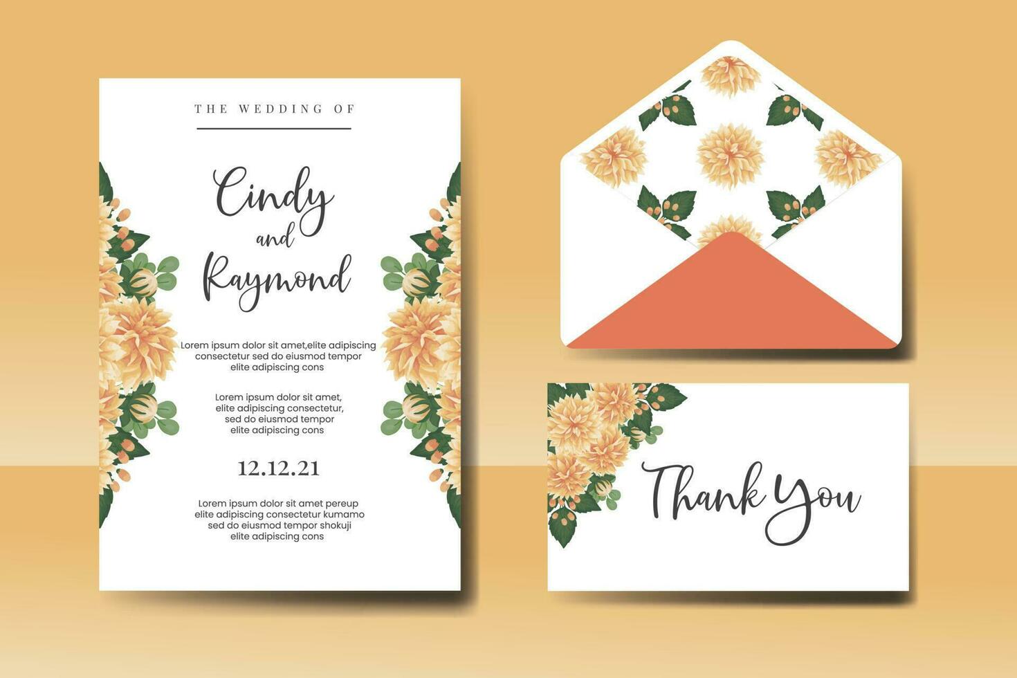 Wedding invitation frame set, floral watercolor Digital hand drawn Orange Dahlia Flower design Invitation Card Template vector