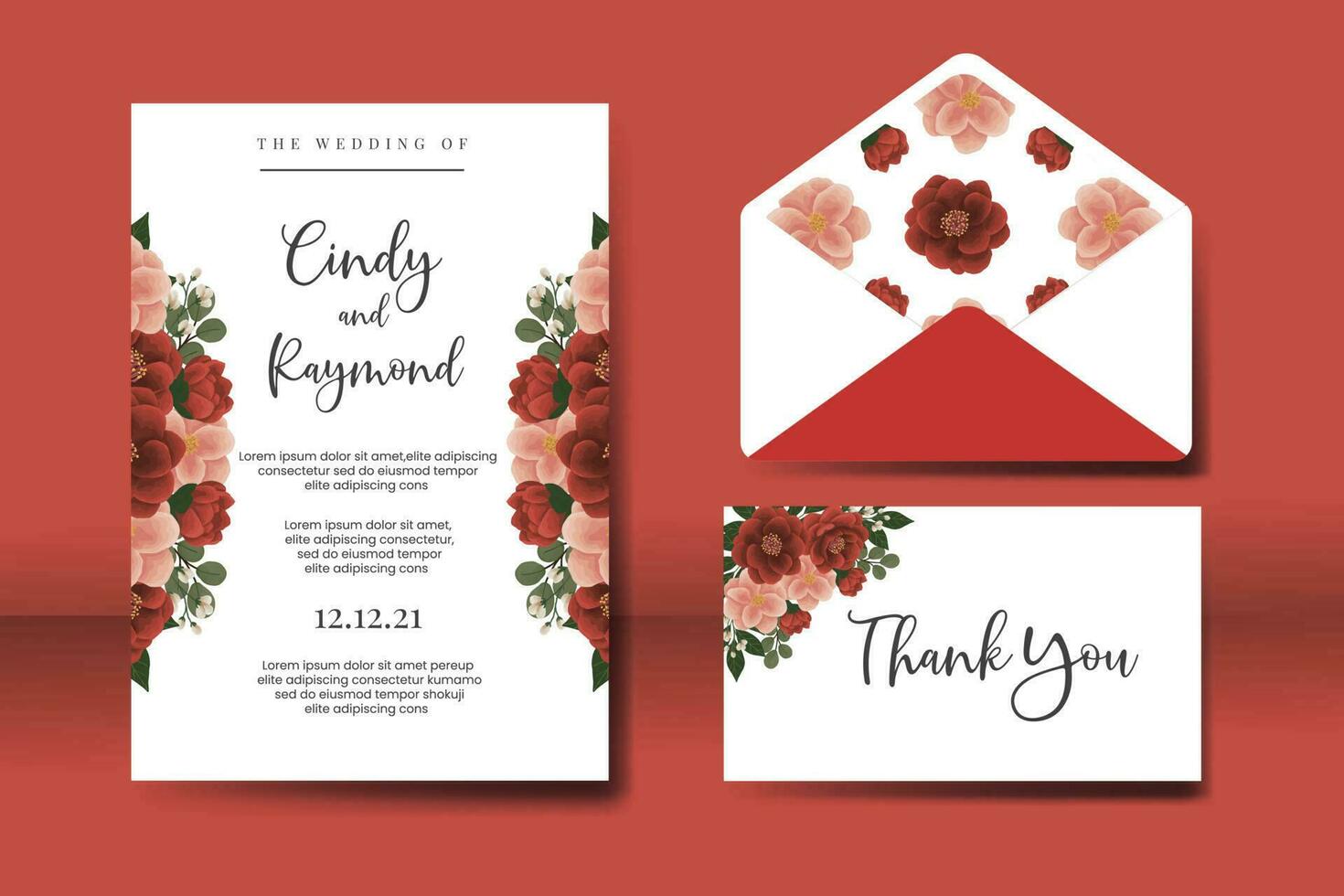 Wedding invitation frame set, floral watercolor Digital hand drawn red camellia Flower design Invitation Card Template vector