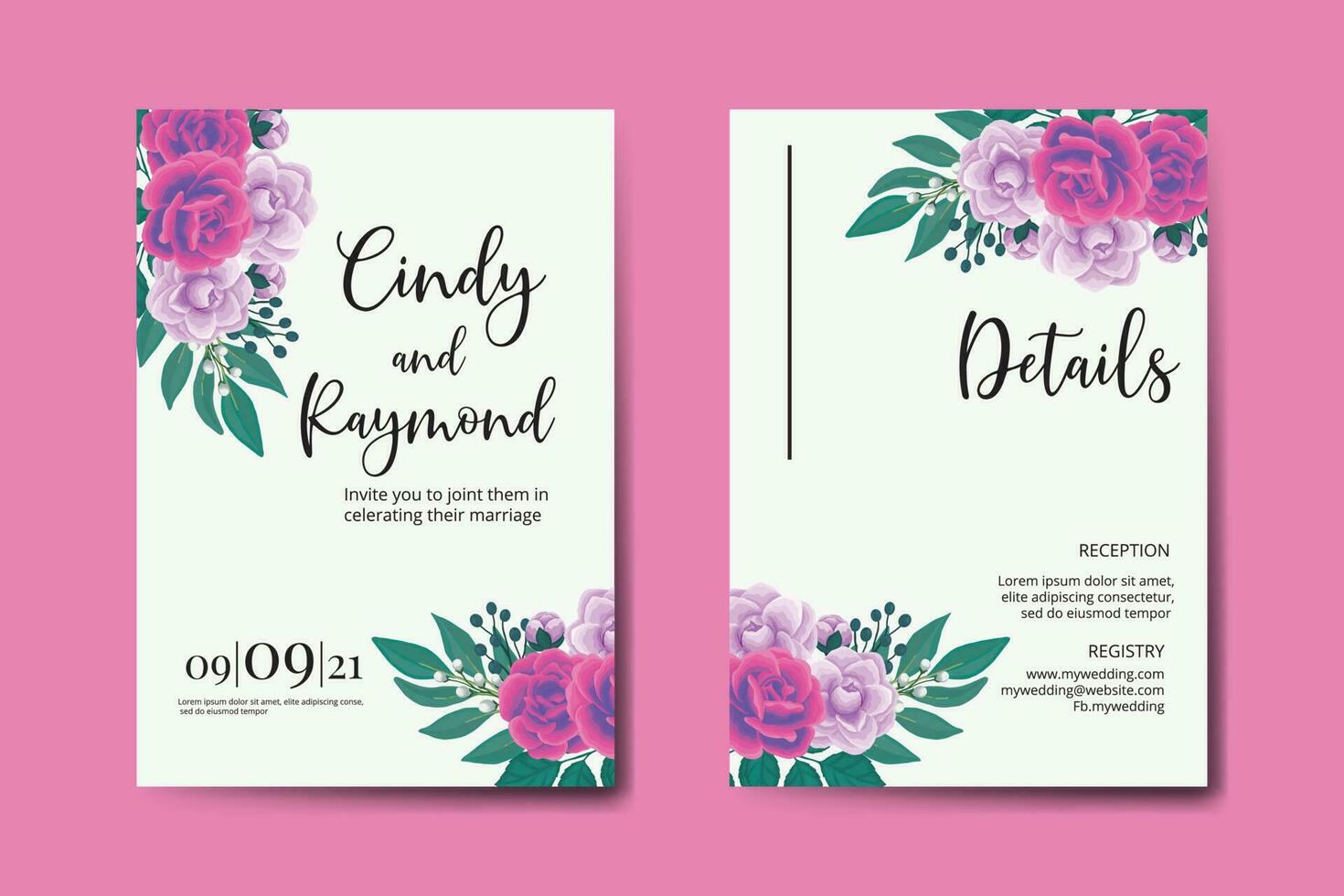 Wedding invitation frame set, floral watercolor Digital hand drawn Pink Flower design Invitation Card Template vector