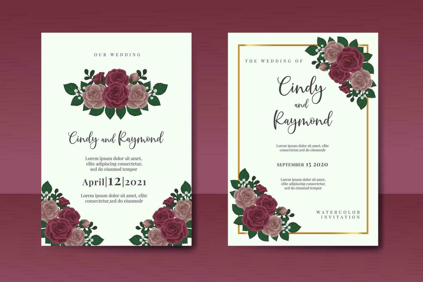 Wedding invitation frame set, floral watercolor Digital hand drawn Maroon Rose Flower design Invitation Card Template vector