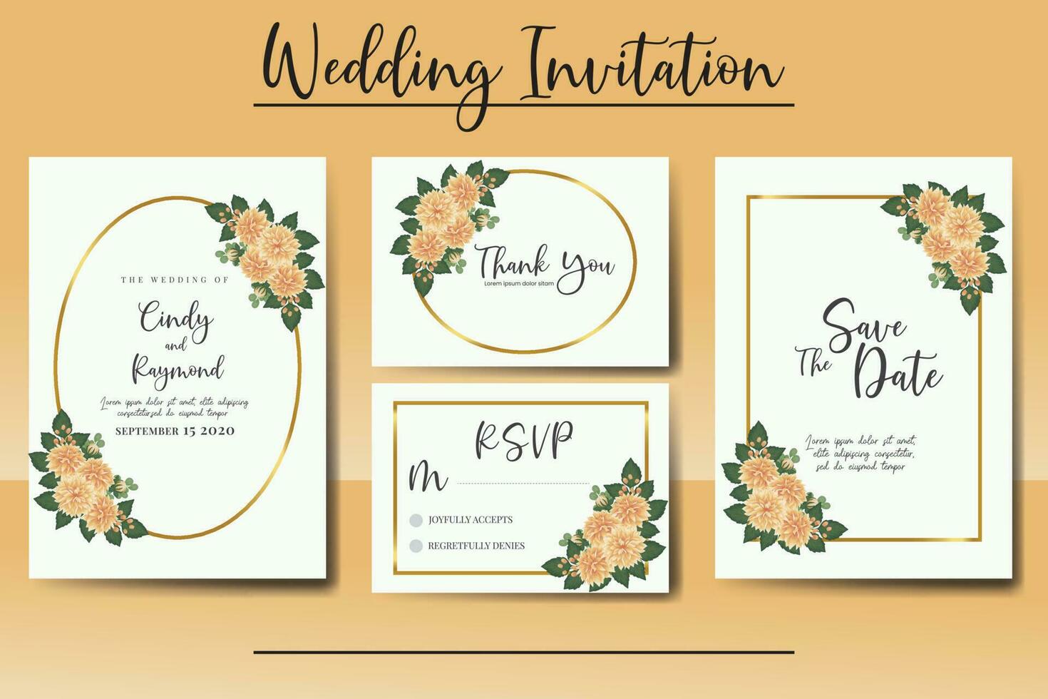 Wedding invitation frame set, floral watercolor Digital hand drawn Orange Dahlia Flower design Invitation Card Template vector