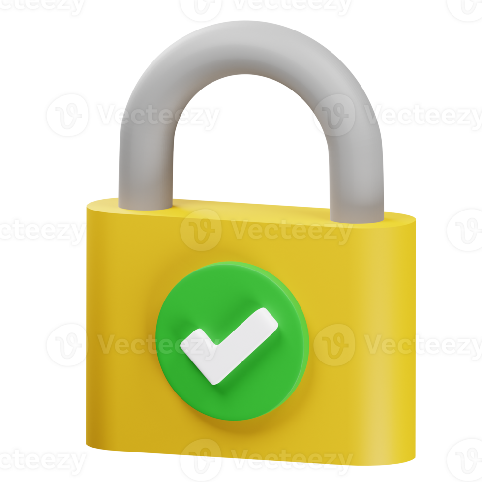3D rendering Yellow locked padlock icon with white check symbol png