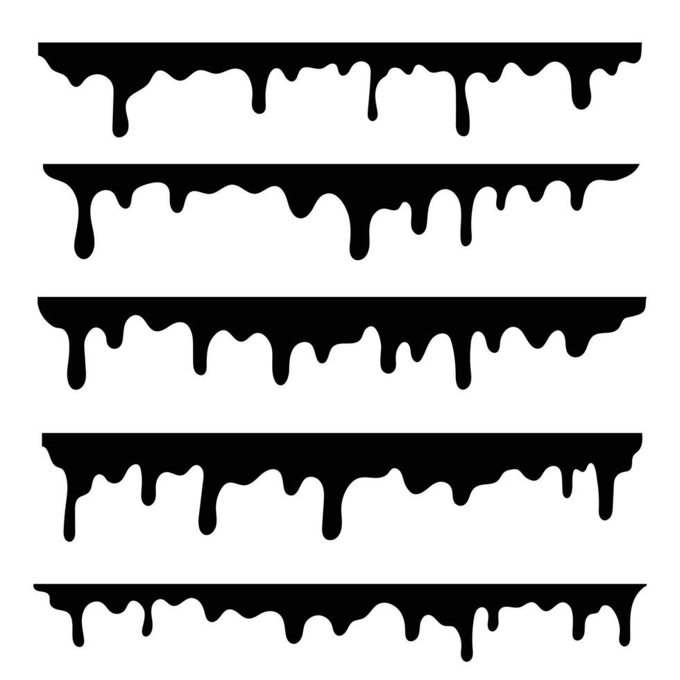 Black melting drips paint collection. melt drips paint abstract liquid vector elements. border and drips ink set