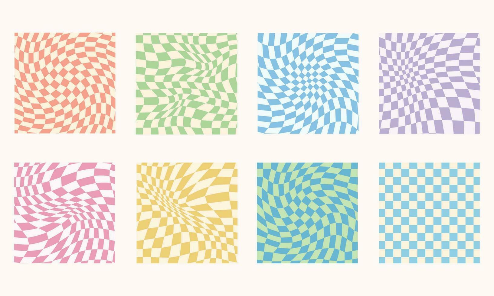 Retro groovy checkered seamless patterns collection. y2k aesthetic. Trippy checkerboard background. Funky hippie fashion textile print, retro background with distorted grid tile vector pattern set