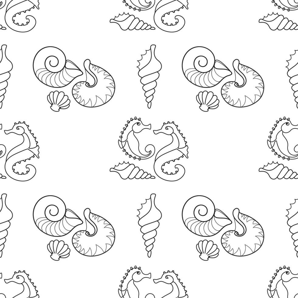 Seahorses, shells. Tropical beach seamless pattern. Outline ocean animals. Vector. vector
