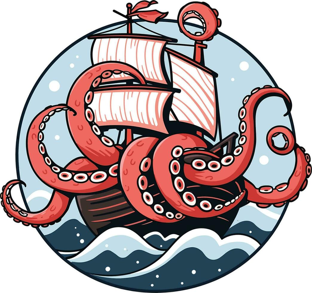 Vector octopus attacks ship crossing the sea illustration