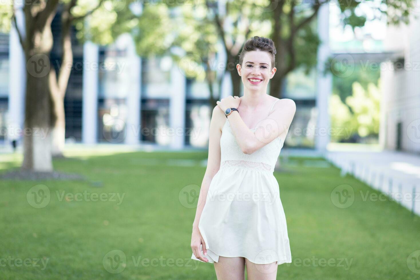 A portrait of a beautiful young Caucasian woman outdoor photo