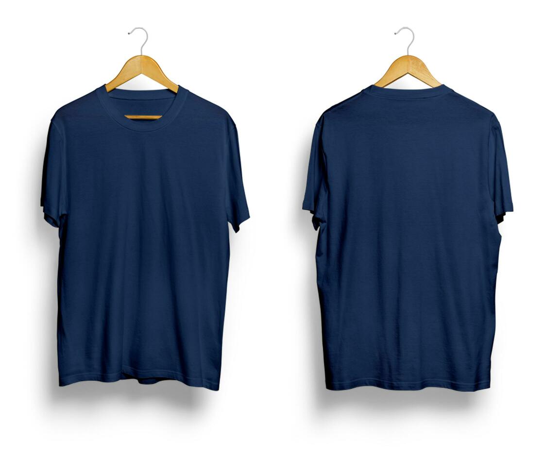 Blank dark blue t-shirt mockup front and back view photo