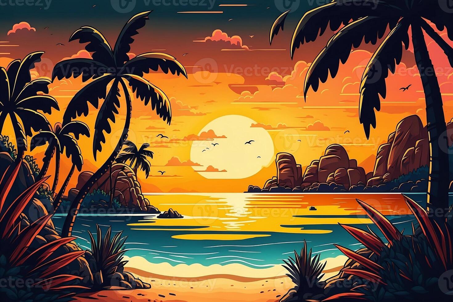 Tropical beach with ocean sunset and palm trees, cartoon summer view, illustration with summer background, photo