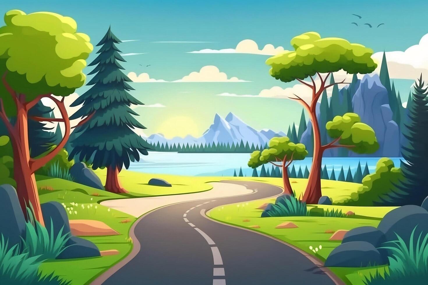 Cartoon style illustration Green landscape road leading to trees and mountains, summer vacation background, photo