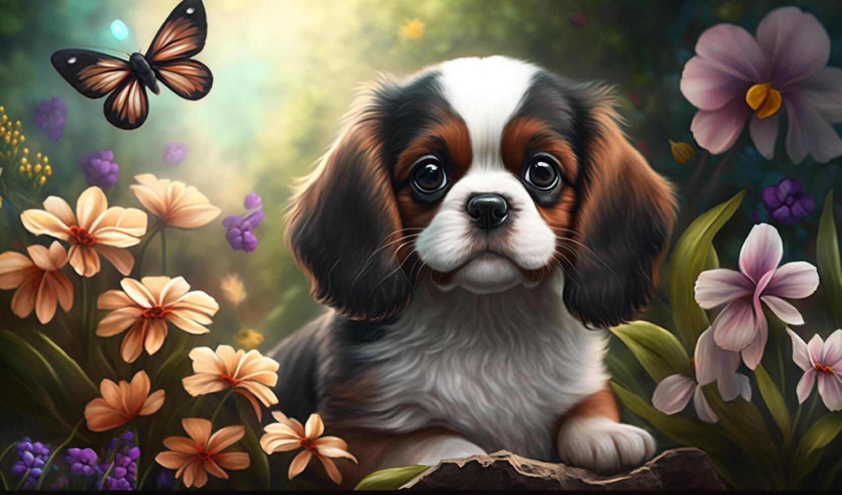 Garden background with blooming flowers, butterflies, and cute puppy, evoking a sense of peacefulness and relaxation, photo